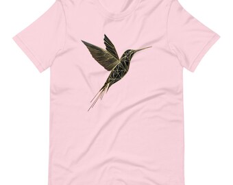 Hummingbird T-Shirt: Gold Geometric Lines, Modern Artistic Flair
