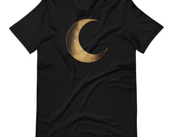 Gold Crescent Moon T-Shirt: Rustic Celestial Design