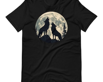 Two Wolves Howling at Moon T-Shirt: Minimalist Wilderness Design