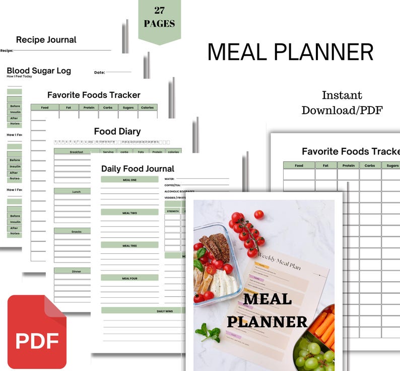 Meal Planner Printable, Weekly Food Diary, Meal Tracker, Food Journal ...