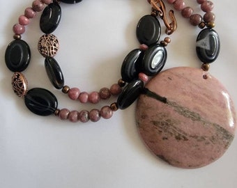 Rhodinite with Rhodinite, Black Agate and Metal copper colored Beaded Necklace