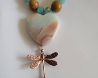 Dragonfly Amazonite Heart Beaded Necklace