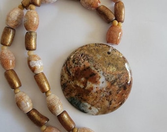 Petrified Wood Pendant, Crackle Agate, and Golden Coral Beaded Necklace