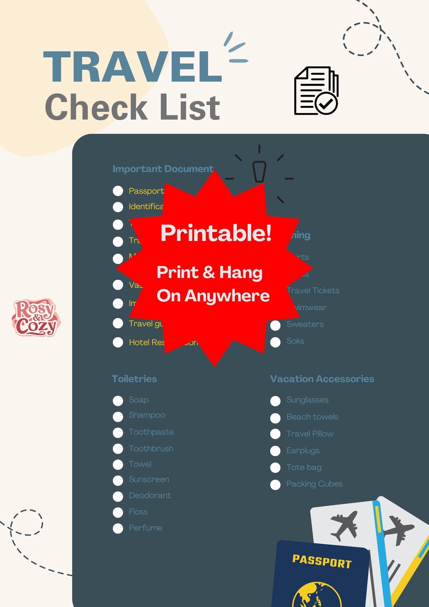 Printable Travel Checklist | Instant Download Customizable Packing List ...