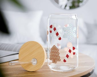 Christmas Ginger Bread Candy Cane Snowflake Sipper Glass, 16oz