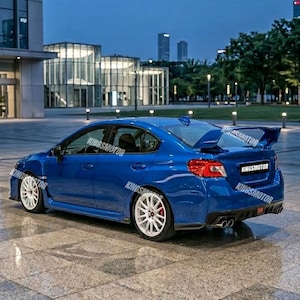 May include: A blue sports car with white rims and a rear spoiler is parked on a tiled surface. The car has the text "KINGSMOTOR" on the rear. The background includes buildings and trees.