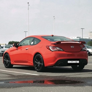 May include: A vibrant red coupe with black wheels and a rear spoiler, parked in a car park. The text "KINGSMOTOR" is displayed on the rear bumper.