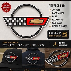 Puede incluir: Un archivo de diseño de bordado digital con el logotipo de Chevrolet a cuadros. El diseño incluye un borde circular negro, un patrón de cuadros y un emblema de Chevrolet dorado sobre un fondo rojo. Los formatos compatibles son DST, PES, EXP, JEF, VP3 y XXX.