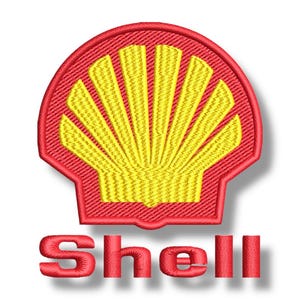 Puede incluir: Un parche bordado con el logotipo de Shell. El logotipo es una concha estilizada de color rojo y amarillo con la palabra "Shell" escrita debajo.