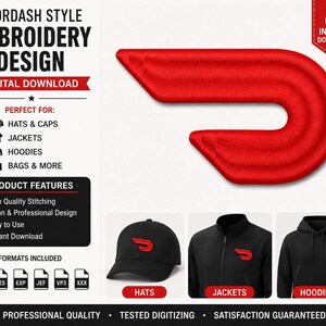 Könnte beinhalten: Eine digitale Stickdatei mit dem roten DoorDash-Logo. Das Bild zeigt das Logo in großem Format sowie Beispiele des Designs, das auf eine schwarze Baseballkappe, eine schwarze Jacke und einen schwarzen Kapuzenpullover gestickt wurde.
