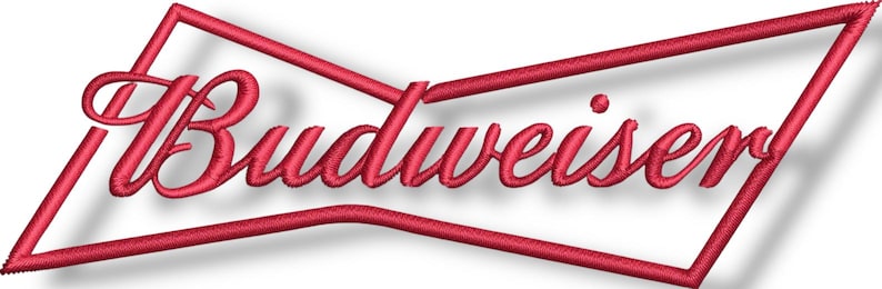 May include: Red embroidered Budweiser logo in a stylized bow tie shape. The word "Budweiser" is written in a cursive font. The logo is set against a white background with a shadow.