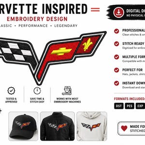 Puede incluir: Diseño de bordado digital inspirado en Corvette. El diseño presenta un emblema rojo y negro con un acento amarillo. El texto dice "CORVETTE INSPIRED EMBROIDERY DESIGN". Perfecto para sombreros, chaquetas, camisas y más. Descarga instantánea.