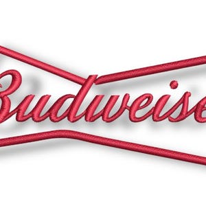 May include: Red embroidered Budweiser logo in a stylized bow tie shape. The word "Budweiser" is written in a cursive font within the red outline. The logo is set against a white background.