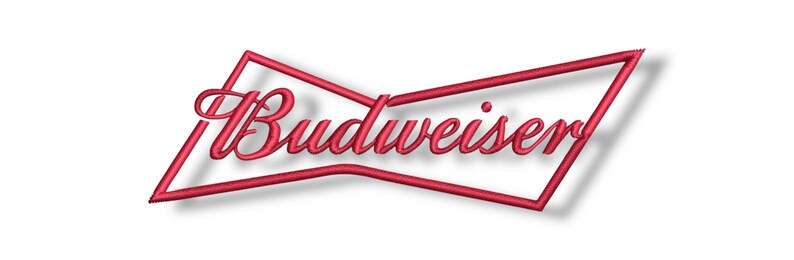 May include: Red embroidered Budweiser logo in a stylized bow tie shape. The word "Budweiser" is written in a cursive font within the red outline. The logo is set against a white background.