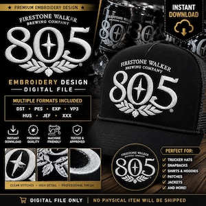 Puede incluir: Diseño de bordado digital con el logotipo de Firestone Walker Brewing Company, incluyendo el número "805" y un diseño de estrella. El diseño está disponible en múltiples formatos. La imagen también muestra una gorra de camionero negra con el logotipo.