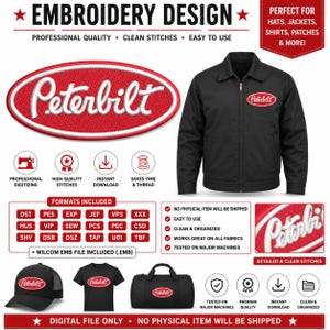 Puede incluir: Un archivo de diseño de bordado digital con el logotipo de Peterbilt en rojo y blanco. El diseño se muestra aplicado en una chaqueta, una gorra, una camiseta y una bolsa de deporte negras. Incluye varios formatos de archivo e iconos.