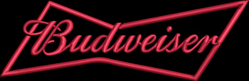 May include: Red embroidered "Budweiser" logo on a black background. The logo features the brand name in a cursive font, enclosed within a stylized, diamond-shaped frame. The embroidery has a textured appearance.
