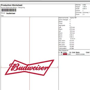 May include: A red Budweiser logo design, featuring the brand name in a stylized script within a diamond shape. The design is part of a production worksheet, with measurements of 4.54 inches wide and 1.49 inches high.
