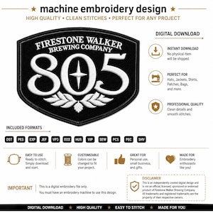 Può includere: Un disegno digitale per ricamo a macchina che presenta il logo della Firestone Walker Brewing Company con il testo 805 in bianco su uno sfondo nero a forma di scudo. Il design include una stella centrale e un grafico a forma di luppolo.