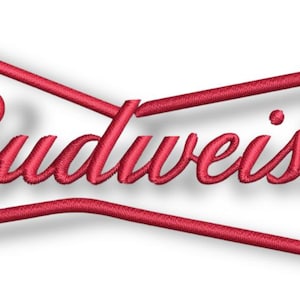 May include: Red embroidered Budweiser logo. The logo features the brand name in a cursive font within a stylized bow-tie shape, with a shadow effect on a white background.