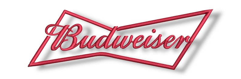 May include: Red embroidered Budweiser logo. The logo features the brand name in a cursive font within a stylized bow-tie shape, with a shadow effect on a white background.