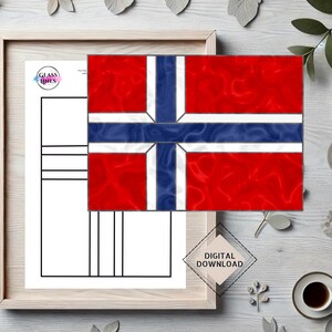 May include: A printable stained glass pattern of the Norwegian flag. The flag is red with a blue cross and white border. The pattern is divided into nine squares.