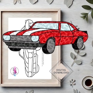 Puede incluir: Un coche deportivo rojo y blanco con interior negro. El coche está delineado en blanco y negro, listo para ser coloreado.