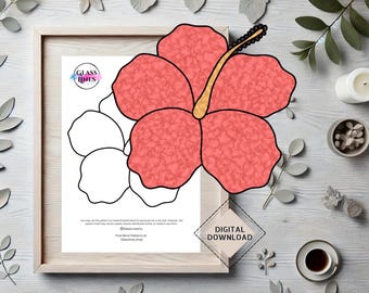May include: A printable pattern for a stained glass hibiscus flower. The pattern is outlined in black and the flower is a vibrant coral colour. The text "Glass Hues" is in the top left corner of the image. The text "Digital Download" is in the bottom right corner of the image.