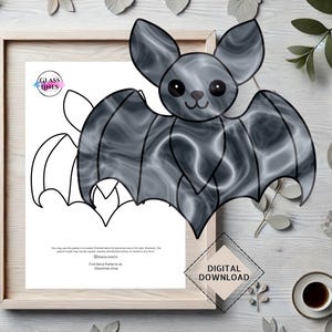 May include: A black and white printable coloring page featuring a cute cartoon bat with a marbled pattern. The bat has large eyes and a small mouth. The image is labeled "Digital Download".