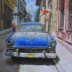 Vintage Havana Car Art Print – Classic Cuban Street Scene, Old Havana Wall Art, Retro Car Decor, Travel Photography, Latin America Art.