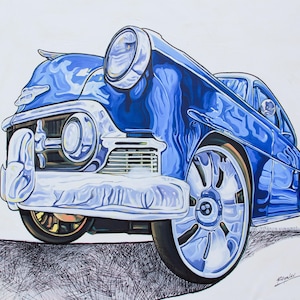 Classic Car Art Print – Vintage Blue Automobile Illustration, Retro Car Wall Decor, Automotive Fine Art for Car Enthusiasts