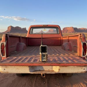 May include: A weathered, tan and black handheld GPS device with an antenna stands in the bed of a vintage red pickup truck. The truck bed is worn, with a white bumper. The background features a desert landscape with mesas under a blue sky.