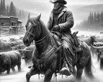 May include: A monochrome illustration of a cowboy on horseback in a snowy scene, managing cattle. The cowboy is dressed in a hat, coat, and scarf. Snow falls around the horse and cattle, with a wooden building in the background.