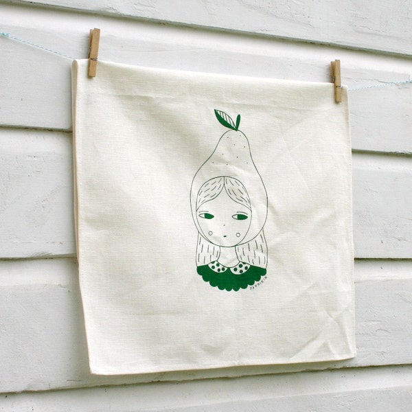 cream natural linen cotton blend screen printed tea towel green pear girl