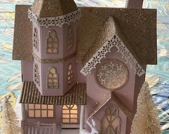 Christmas Decoration Light Up LED 11in Pink Victorian House