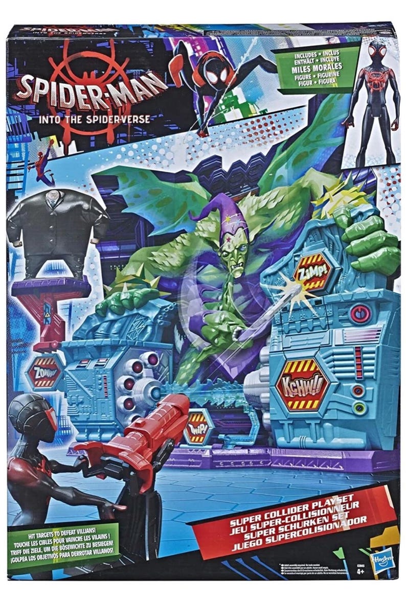 May include: Spider-Man Into the Spider-Verse Super Collider Playset box. The box features illustrations of Spider-Man, Miles Morales, and villains. The playset includes figures and a battle scene with sound effects.