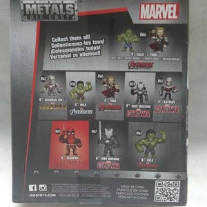 May include: Back of a Marvel Metals Die Cast box featuring various 4-inch and 6-inch figures. Characters include Hulk, Thor, Iron Man, Deadpool, and War Machine. The box has text in multiple languages, including English and Spanish.