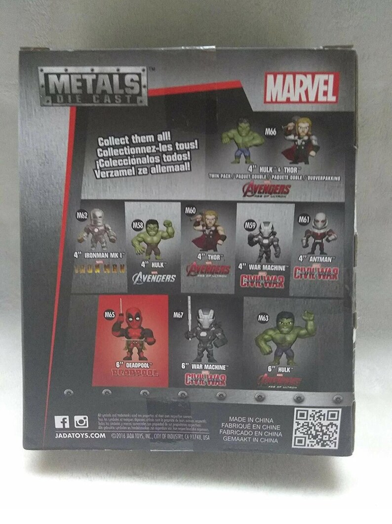 May include: Back of a Marvel Metals Die Cast box featuring various 4-inch and 6-inch figures. Characters include Hulk, Thor, Iron Man, Deadpool, and War Machine. The box has text in multiple languages, including English and Spanish.