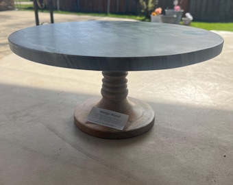 Grey Marble Cake Stand With Wooden Mango Wood Stand 11.0" L x 5.5" H x 11.0" W