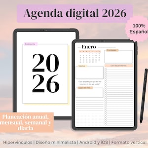 Puede incluir: Dos tabletas digitales que muestran una agenda digital de 2026. La tableta izquierda muestra los números "2026" en fuente negra grande. La tableta derecha muestra un calendario de enero con secciones para prioridades y hábitos. El texto en español incluye "Agenda digital 2026" y "100% Español."