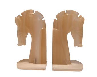 Vintage Hand-Carved Onyx Horse Head Bookends Neutral Tones Art Deco MCM Minimalist
