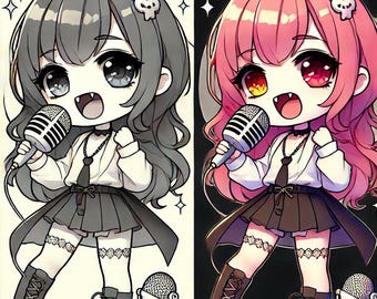 Bedårande och söta kawaii chibi musikaliska flickor målarbok utskrivbar digital nedladdning för avkoppling och kreativitet