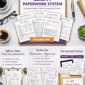 以下が含まれることがあります： 「Non-Medical Homecare CLIENT PAPERWORK SYSTEM」のテキストが入ったクリップボード。受付、ケア、コンプライアンス用のフォームが含まれています。画像には聴診器、コーヒー、メガネ、多肉植物が含まれています。「Client Intake Form」、「Face Sheet」などのラベルが付いています。