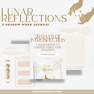 Könnte beinhalten: Ein druckbares Journal mit dem Titel "Lunar Reflections: A Shadow Work Journal" in Gold und Weiß. Das Journal ist ein 29-tägiger Leitfaden zur Introspektion und zum Verständnis deiner Schatten. Es zeigt ein Mond- und Sternenmotiv und den Text "Sofortiger Download".