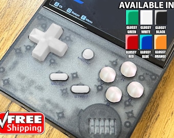 May include: A handheld gaming device with white buttons and a directional pad. The device has a transparent gray casing. The image includes the text "AVAILABLE IN" with color options: green, white, black, red, blue, and orange.