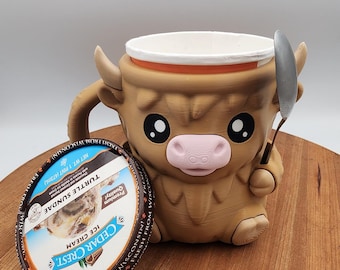 Animal Pint Ice Cream Holder With Spoon Slots- Highland Cow- 3D printed