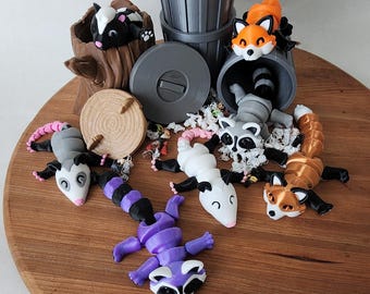 Trash Animals Fidget Toy: 3D Printed Raccoon, Panda, Fox- Trash Can- Stump- Articulated