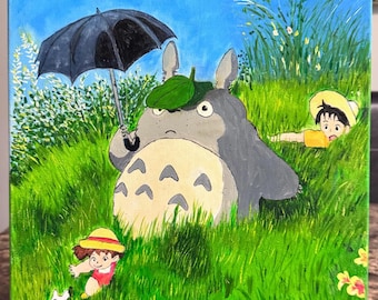 Original handgjord 30x40 cm oljemålning på kanvas inspirerad av Studio Ghiblis Min granne Totoro. Hayao Miyazaki-inspirerad gåva anime