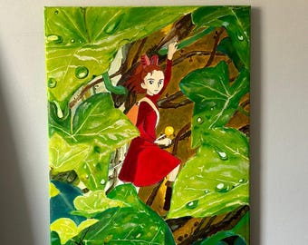 Original handgjord 40x50 cm oljemålning på kanvas inspirerad av Studio Ghiblis "Arrirtty". Hayao Miyazaki-inspirerad konst, present till animeälskare.