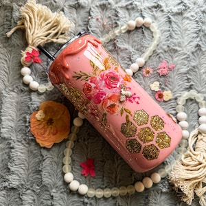 Pink Floral Bee Cup | Spring Bee Tumbler | Hot or Cold | Glitter Tumbler | Custom Resin Tumbler | Gift for Her
